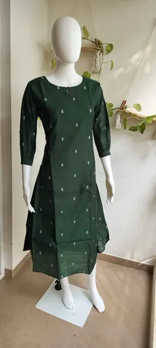 Premium Silk Cotton Aline Kurti - Dark Green